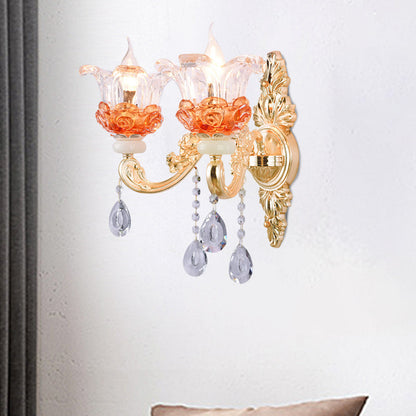 Rynx | Classic Candle Holder Wall Lamp 2 Lights Crystal Wall Light with Carved Arm and Backplate in Pink/Yellow/Orange