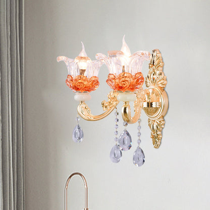 Rynx | Classic Candle Holder Wall Lamp 2 Lights Crystal Wall Light with Carved Arm and Backplate in Pink/Yellow/Orange