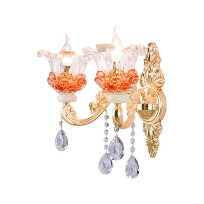 Rynx | Classic Candle Holder Wall Lamp 2 Lights Crystal Wall Light with Carved Arm and Backplate in Pink/Yellow/Orange
