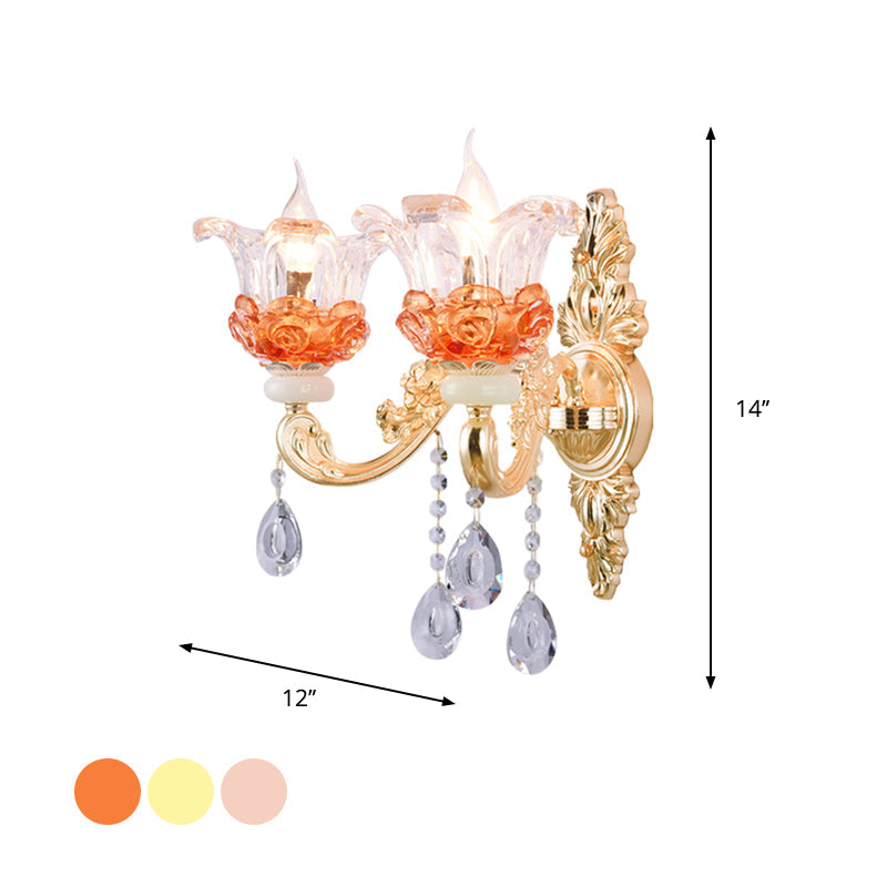 Rynx | Classic Candle Holder Wall Lamp 2 Lights Crystal Wall Light with Carved Arm and Backplate in Pink/Yellow/Orange