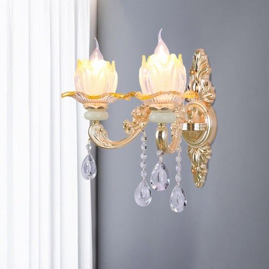 Rynx | Classic Candle Holder Wall Lamp 2 Lights Crystal Wall Light with Carved Arm and Backplate in Pink/Yellow/Orange