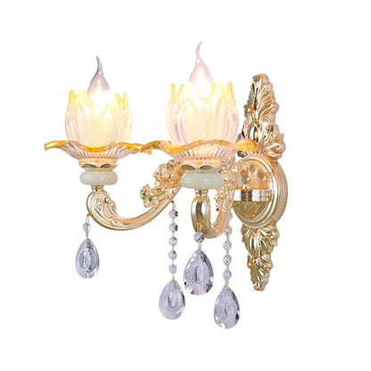 Rynx | Classic Candle Holder Wall Lamp 2 Lights Crystal Wall Light with Carved Arm and Backplate in Pink/Yellow/Orange