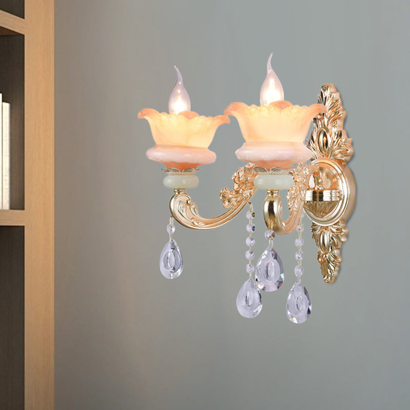 Rynx | Classic Candle Holder Wall Lamp 2 Lights Crystal Wall Light with Carved Arm and Backplate in Pink/Yellow/Orange