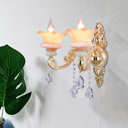 Rynx | Classic Candle Holder Wall Lamp 2 Lights Crystal Wall Light with Carved Arm and Backplate in Pink/Yellow/Orange