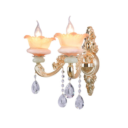 Rynx | Classic Candle Holder Wall Lamp 2 Lights Crystal Wall Light with Carved Arm and Backplate in Pink/Yellow/Orange