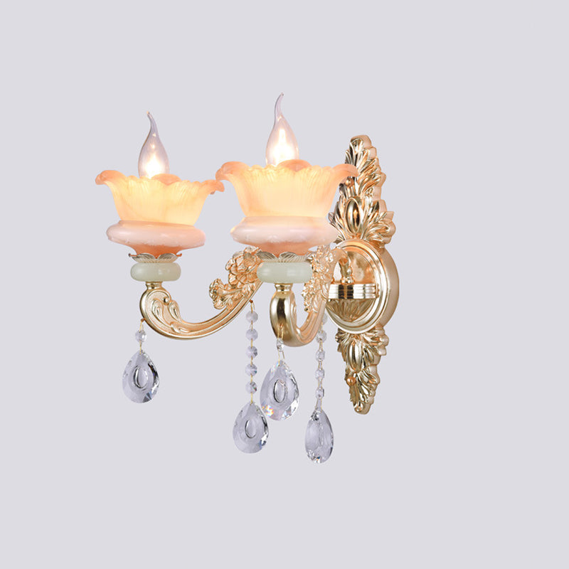 Rynx | Classic Candle Holder Wall Lamp 2 Lights Crystal Wall Light with Carved Arm and Backplate in Pink/Yellow/Orange