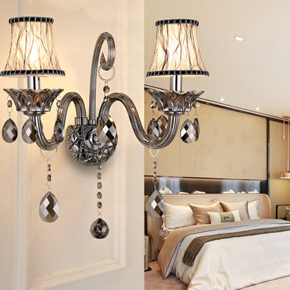 Rynx | Smoke gray crystal bell wall lamp retro 1/2-bulb living room wall lamp with fabric shade