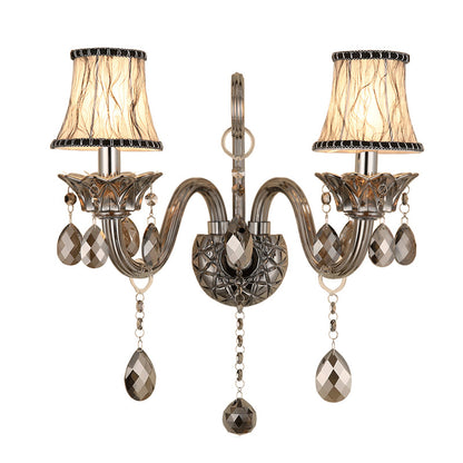 Rynx | Smoke gray crystal bell wall lamp retro 1/2-bulb living room wall lamp with fabric shade