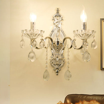 Rynx | Silver 2-Light Wall Light Traditional Faceted Crystal Candle Holder Wall-Mounted Light Fixture