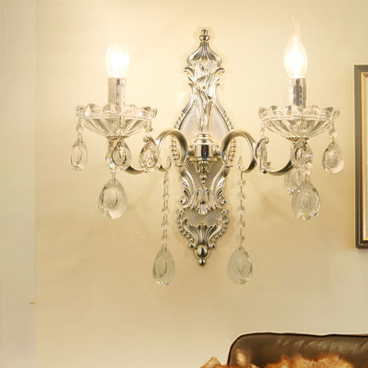 Rynx | Silver 2-Light Wall Light Traditional Faceted Crystal Candle Holder Wall-Mounted Light Fixture
