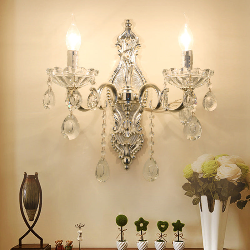 Rynx | Silver 2-Light Wall Light Traditional Faceted Crystal Candle Holder Wall-Mounted Light Fixture