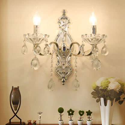 Rynx | Silver 2-Light Wall Light Traditional Faceted Crystal Candle Holder Wall-Mounted Light Fixture