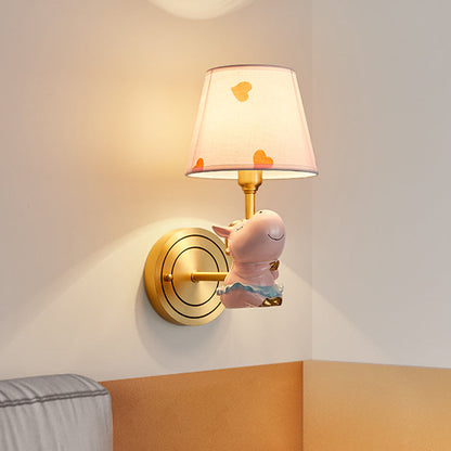Rynx | Resin Horse Wall Lamp Cartoon 1-Head Gold Wall Lighting Fixture with Bucket Fabric Lampshade