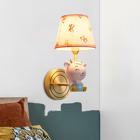 Rynx | Gold Bucket Wall Lamp Light Cartoon 1 Head Fabric Wall Lamp with Resin Sheep Decoration