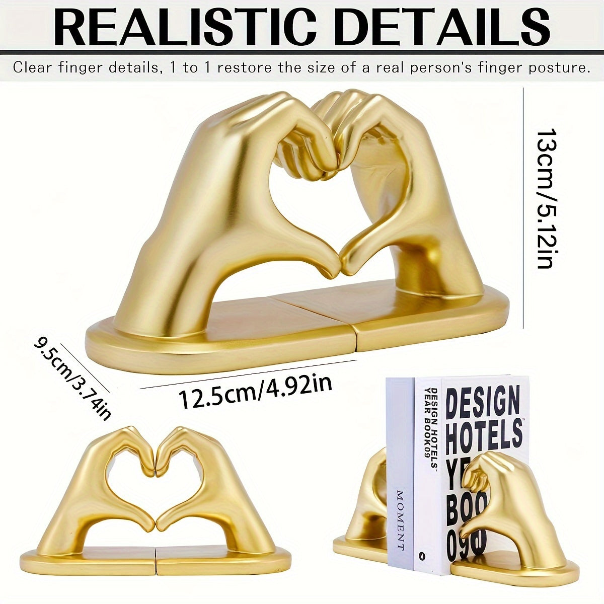 Rynx | Heavy Duty Bookends with Golden Finger Heart Design - Modern Art for Home Decoration