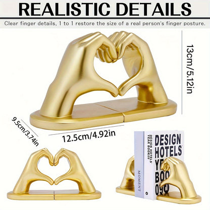 Rynx | Heavy Duty Bookends with Golden Finger Heart Design - Modern Art for Home Decoration