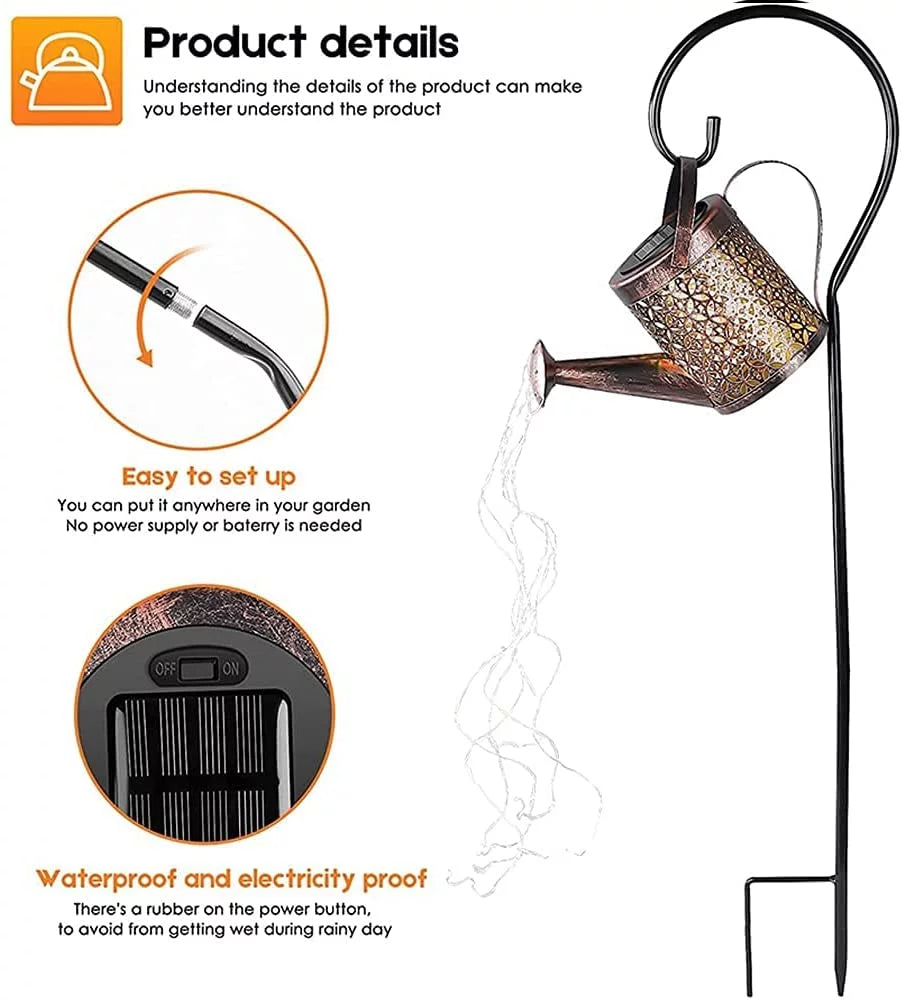 Rynx | Solar Waterfall Watering Can with Garden Lighting & Shepherd's Hook