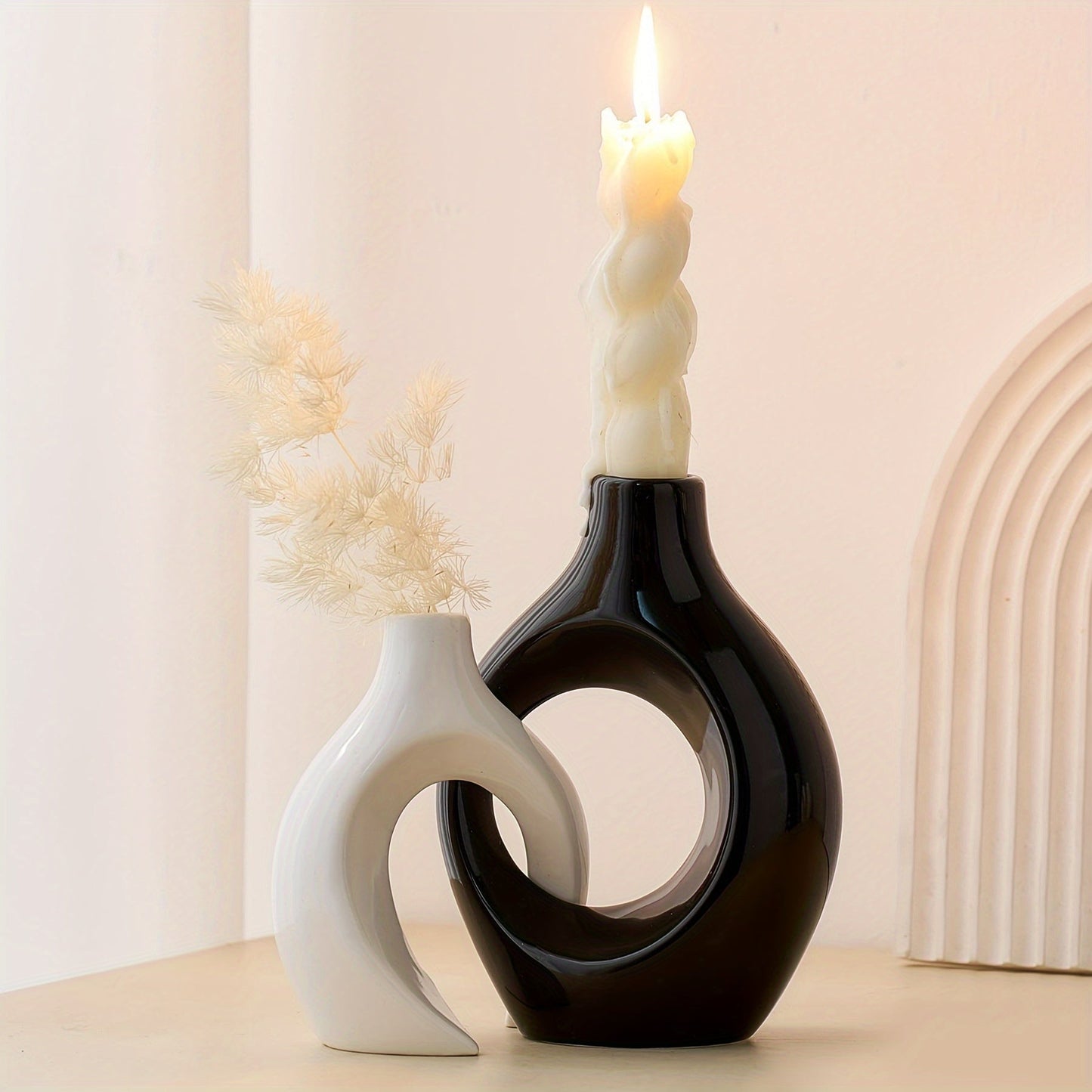 Rynx | 2-Piece Set Ceramic Candle Holders - Matte Finish, Modern Minimalist Design for Table Decoration