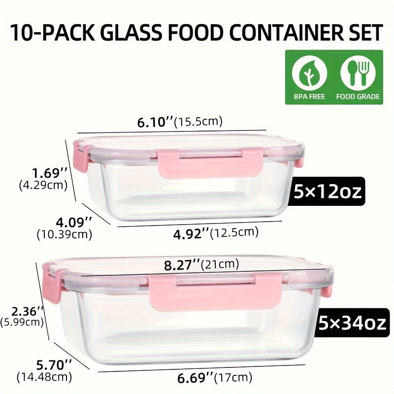 Rynx | 10-Pack Glass Meal Prep Containers Set with Airtight Lids – Durable Food Storage & Glass Lunch Boxes for Home, Kitchen, Office
