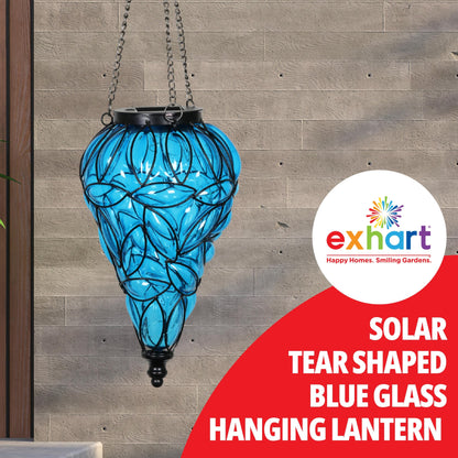 Rynx | Exhart Blue Outdoor Garden Solar Light, Tear-Shaped Hanging Lantern With 15 Firefly LEDs