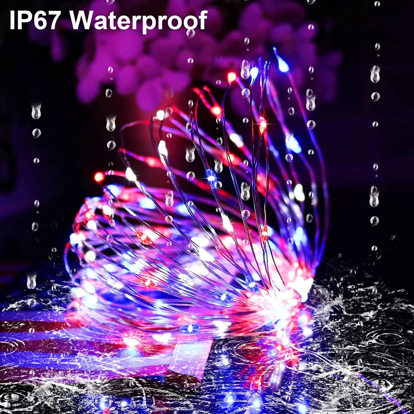 Rynx | July 4 patriotic home decorations outdoor lights - Red White Blue solar string lights, 2-pack each 100 LED 33 feet