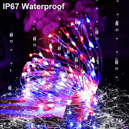 Rynx | July 4 patriotic home decorations outdoor lights - Red White Blue solar string lights, 2-pack each 100 LED 33 feet