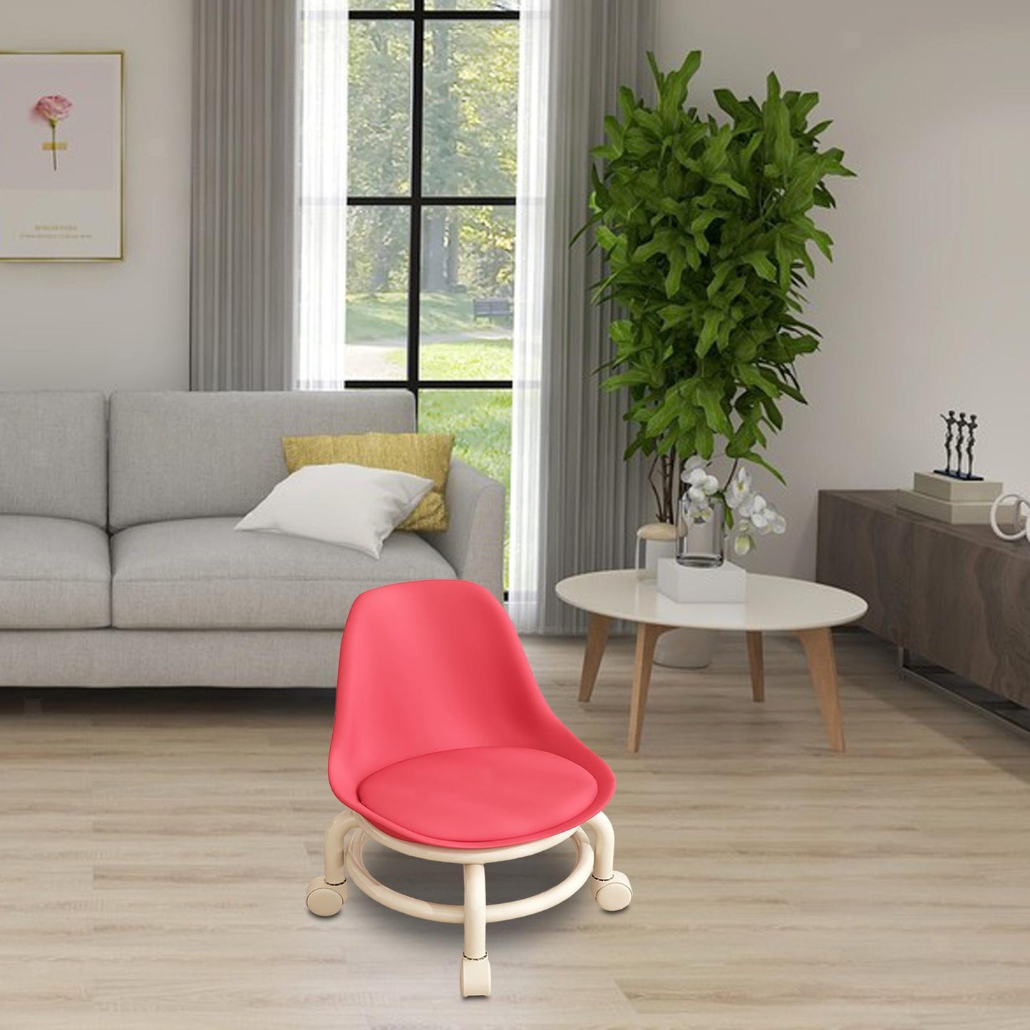 Rynx | Low Stool Ottoman, Weight Capacity Children's Stool, Backrest, Small, Living Room Ottoman, Low Chair, Small, Nappa Leather Fabric, Thick, Waterproof, Quiet Wheels, 360 Degrees