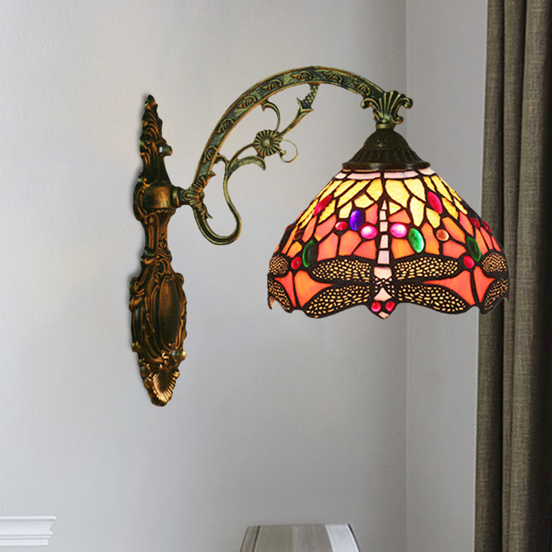 Rynx | 1-Head Bedroom Wall Mounted Lamp Tiffany Bronze Wall Light with Cone Dragonfly Pattern Glass Shade