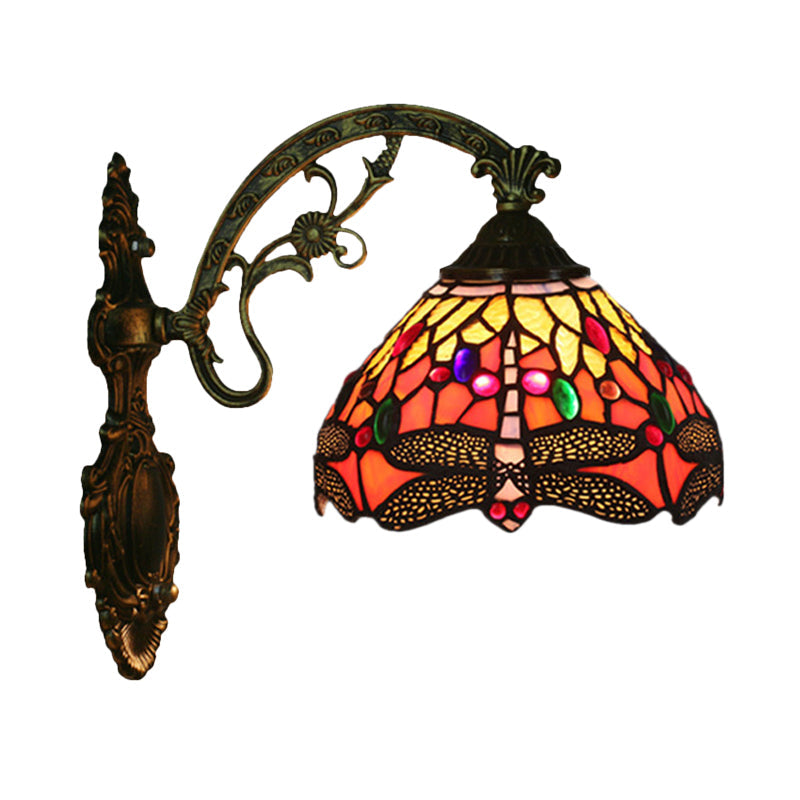 Rynx | 1-Head Bedroom Wall Mounted Lamp Tiffany Bronze Wall Light with Cone Dragonfly Pattern Glass Shade