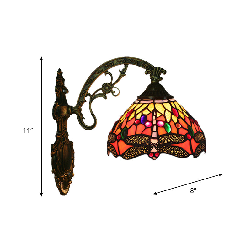 Rynx | 1-Head Bedroom Wall Mounted Lamp Tiffany Bronze Wall Light with Cone Dragonfly Pattern Glass Shade