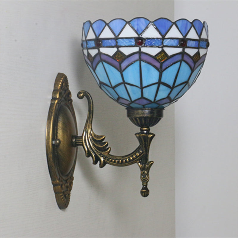 Rynx | 1-Light Bedroom Wall Light Mediterranean Bronze Wall Sconce Fixture with Bowl Blue Glass Shade