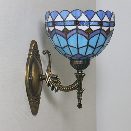 Rynx | 1-Light Bedroom Wall Light Mediterranean Bronze Wall Sconce Fixture with Bowl Blue Glass Shade