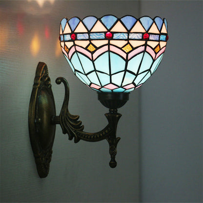 Rynx | 1-Light Bedroom Wall Light Mediterranean Bronze Wall Sconce Fixture with Bowl Blue Glass Shade