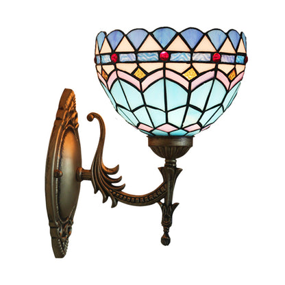 Rynx | 1-Light Bedroom Wall Light Mediterranean Bronze Wall Sconce Fixture with Bowl Blue Glass Shade