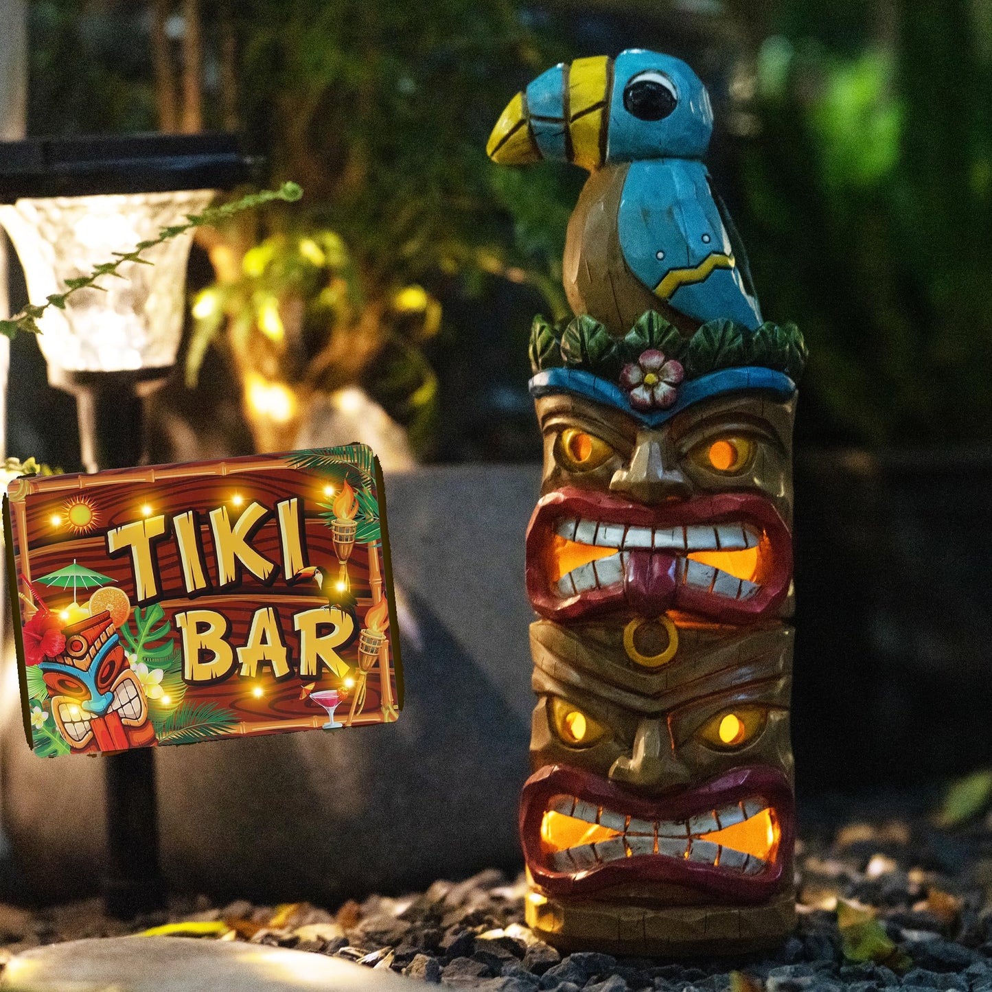Rynx | Eptuega Tiki Totem Pole - 12.32" Solar Tiki Hut Decor For Outdoor Patio Garden, Woodpecker Bird