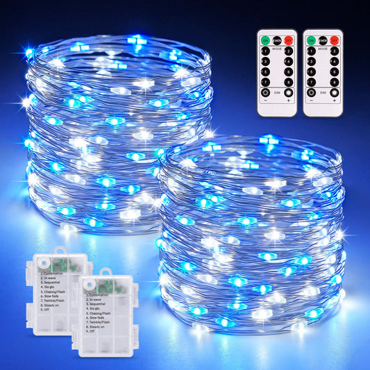Rynx | Jmexsuss 2 Pack 100 LED Blue And White Gnome Light Sources Battery Powered, 10M Blue And White Christmas Lights With Remote Control, 8 Modes Battery Powered Twinkling Light Strings For Bedroom Christmas Tree Decor
