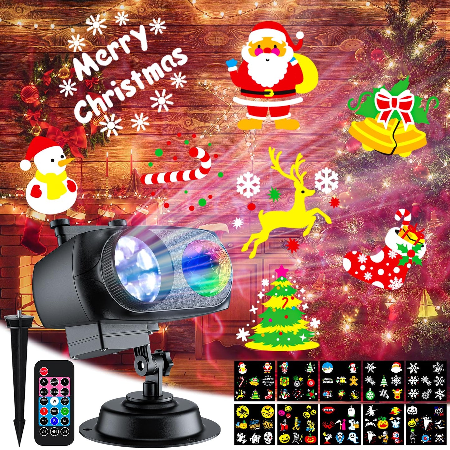 Rynx | Shedaled Christmas projector light outdoor 2024 upgraded, 4/6/8 theme patterns adjustable holiday projector, 2 in 1 LED snowflake