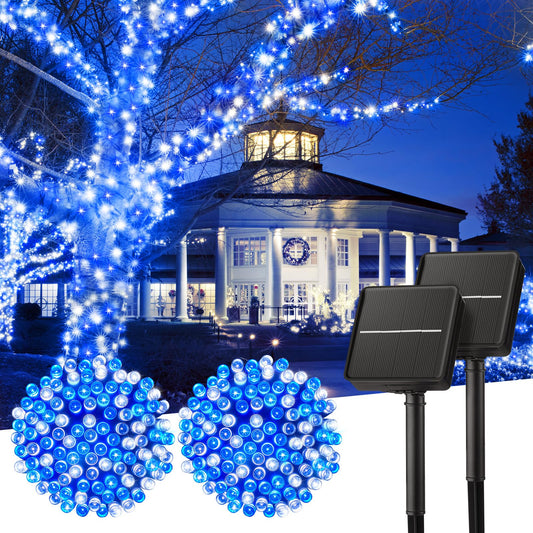 Rynx | Minetom Solar Christmas lighting outdoor waterproof, 2 pack total 80 feet 200 LED solar light sources with 8 modes, solar Christmas outdoor decoration, solar light string for outdoor house tree, blue & pure white
