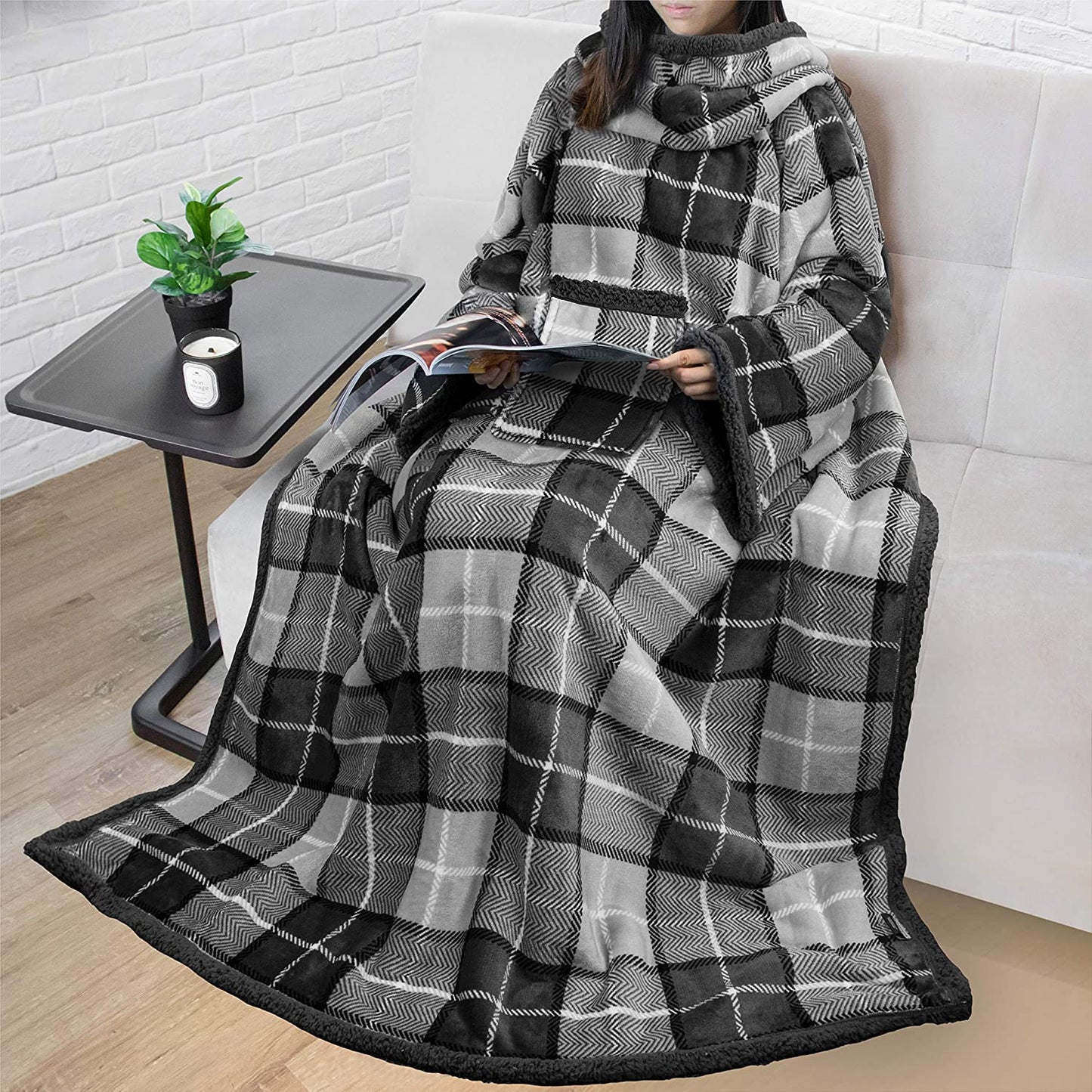 Rynx | Deluxe Cozy Sherpa or Fleece Adult Portable 70" Blanket with Sleeves for Men & Women