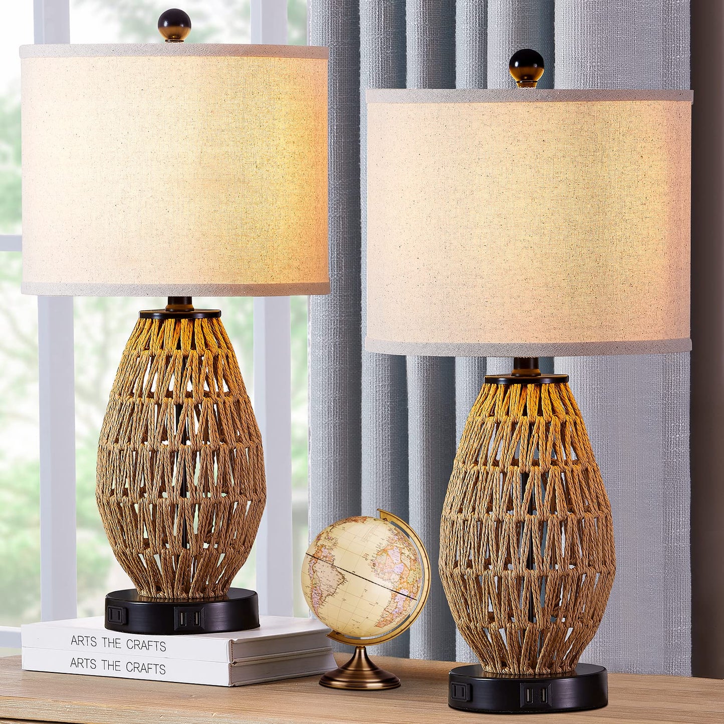 Rynx | Cinsary Touch Control Rattan Table Lamps, 3 Way Dimmable Bedside Lamps For Bedroom Set Of 2 With 2 Usb Ports And Ac Outlet, Chipboard Lamps For Living Room (Led Bulbs Included)