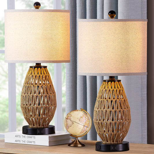 Rynx | Cinsary Touch Control Rattan Table Lamps, 3 Way Dimmable Bedside Lamps For Bedroom Set Of 2 With 2 Usb Ports And Ac Outlet, Chipboard Lamps For Living Room (Led Bulbs Included)
