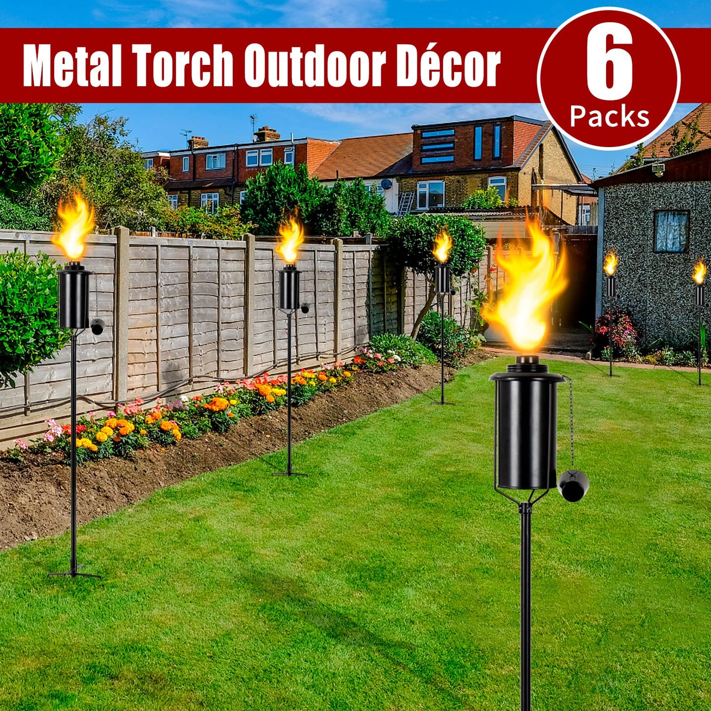 Rynx | Taotazon 6 Pack Metal Garden Torches - Citronella Outdoor Lighting With 4-Prong Stake