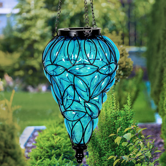 Rynx | Exhart Blue Outdoor Garden Solar Light, Tear-Shaped Hanging Lantern With 15 Firefly LEDs