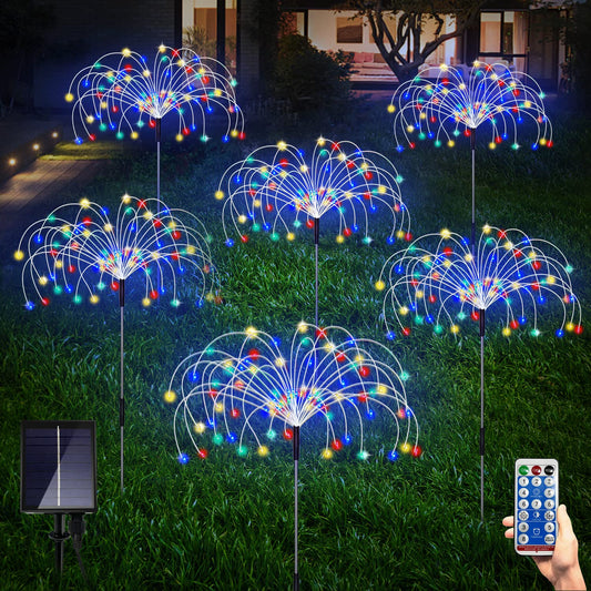Rynx | 6 Pack Solar Garden Lights Outdoor, Fireworks Lights 8 Modes With Remote Control Diy Outdoor Decor, 120 Led Waterproof Garden Fireworks Lamp, Landscape Outdoor Lights For Path Backyard Grass (Warm White)