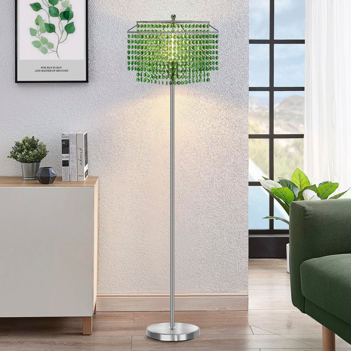 Rynx | Crystal Floor Lamp, 64'' H Tall Elegant Standing Lamp With On-Active Foot Switch, Silver Lamp With Green Double-Layer Crystal Lamp Shade