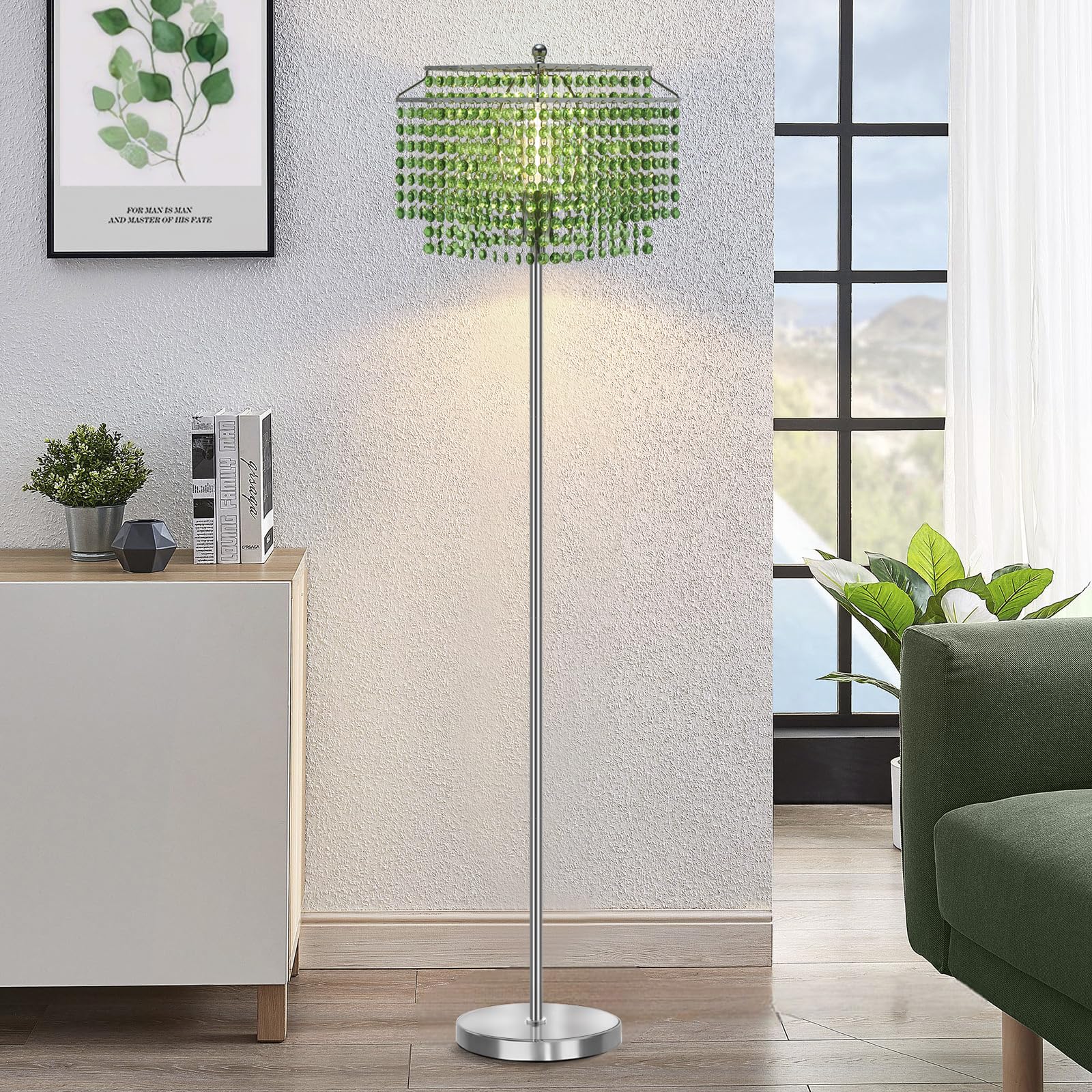 Rynx | Crystal Floor Lamp, 64'' H Tall Elegant Standing Lamp With On-Active Foot Switch, Silver Lamp With Green Double-Layer Crystal Lamp Shade