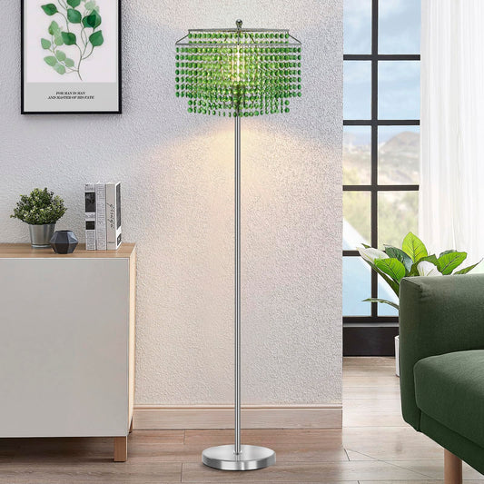 Rynx | Crystal Floor Lamp, 64'' H Tall Elegant Standing Lamp With On-Active Foot Switch, Silver Lamp With Green Double-Layer Crystal Lamp Shade