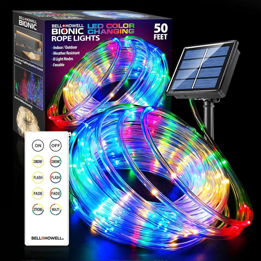 Rynx | LED rope light outdoor waterproof, 50 feet indoor/outdoor rope light for outside, USB/solar powered, remote control included, 8 color changing light modes, as seen on TV