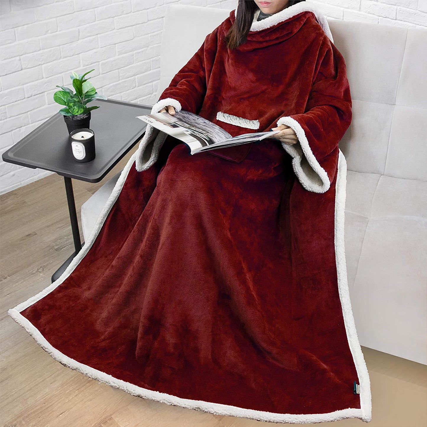 Rynx | Deluxe Cozy Sherpa or Fleece Adult Portable 70" Blanket with Sleeves for Men & Women