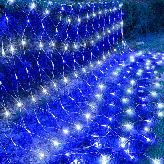 Rynx | Kemooie Outdoor Christmas Net Lights, 198 LEDs 9.8Ft X 6.6Ft Net Lights, Connect Together 8 Flashing Modes Hanging Net Lights For Garden Bush Window Christmas Decorations (Blue&White)
